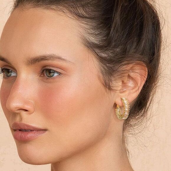 14K Yellow Gold with Champagne Topaz Cubic Zirconia Drop Hoop Leverback Earrings - Picture 5 of 7